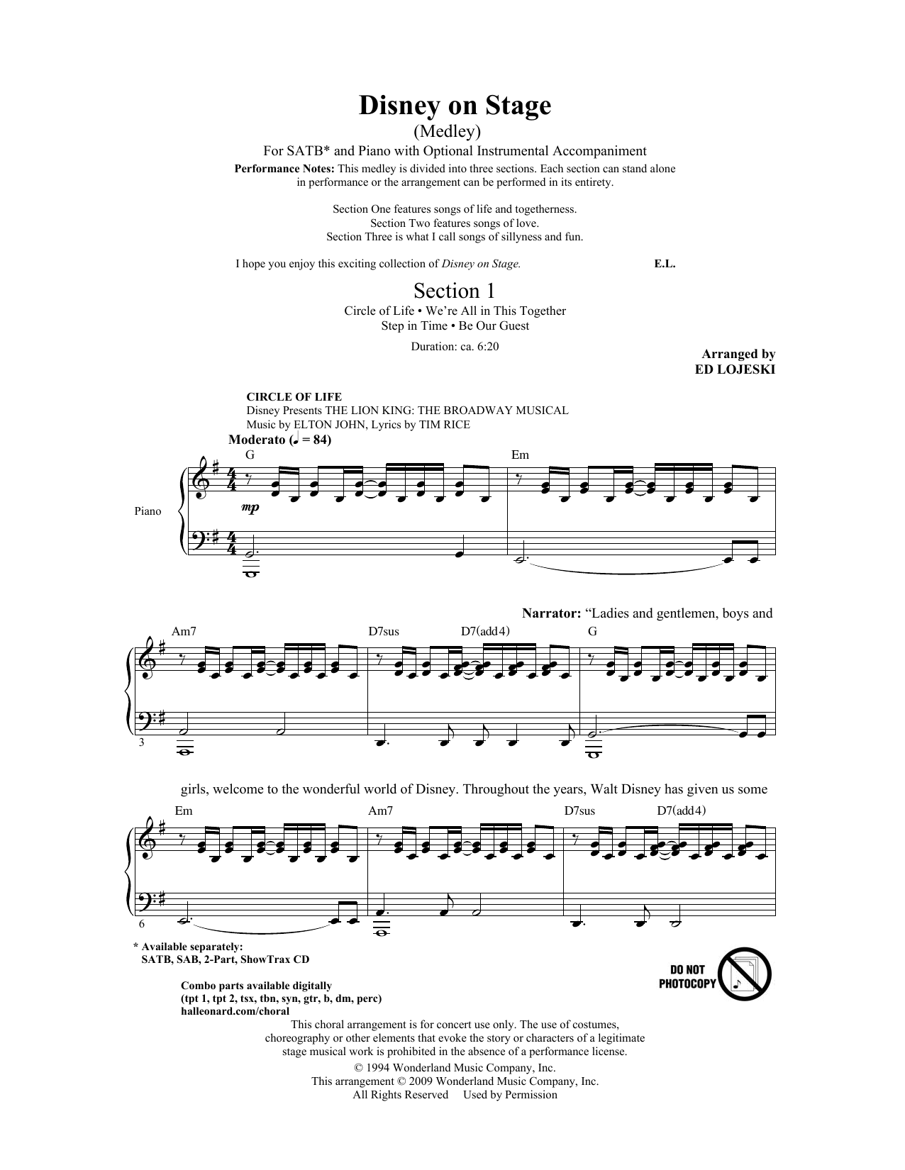 Ed Lojeski Disney On Stage (Medley) sheet music, chords, lyrics - Printable PDF for 2-Part Choir