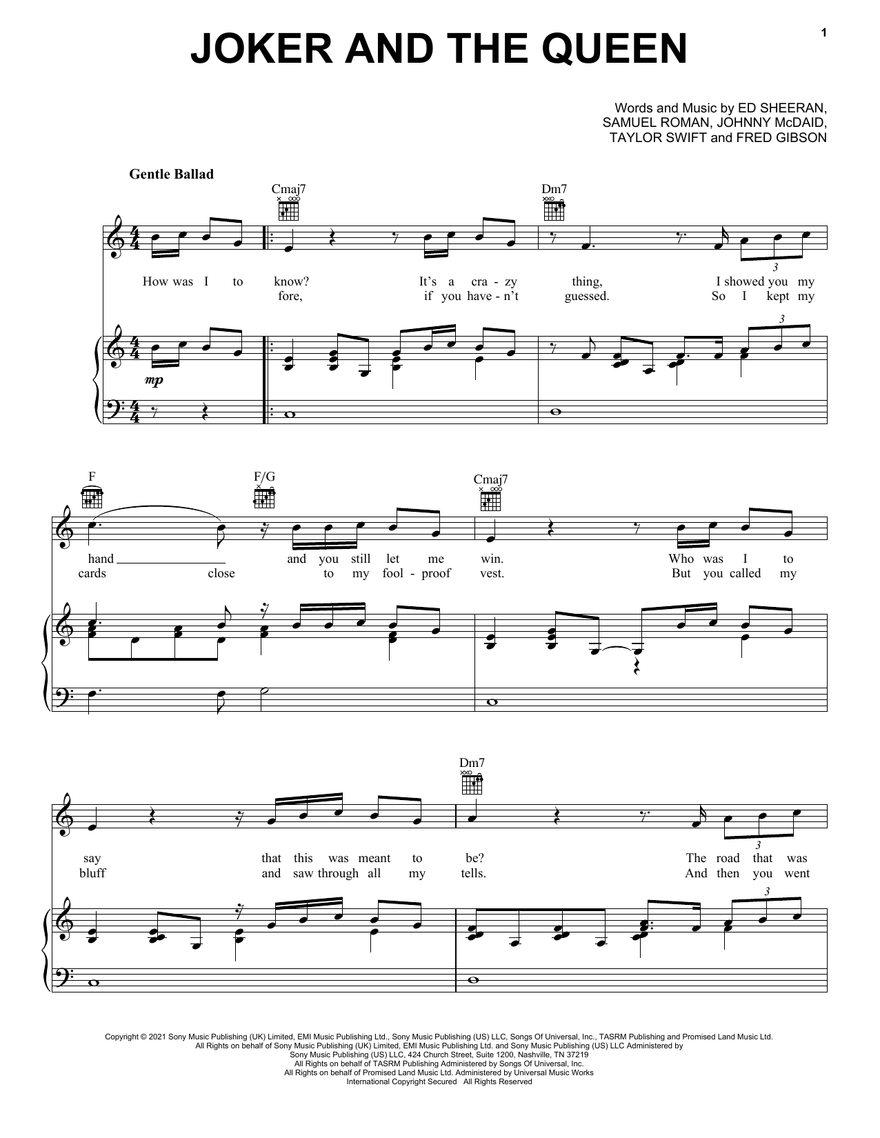 Ed Sheeran & Taylor Swift The Joker And The Queen sheet music, chords, lyrics - Printable PDF for Piano, Vocal & Guitar Chords (Right-Hand Melody)
