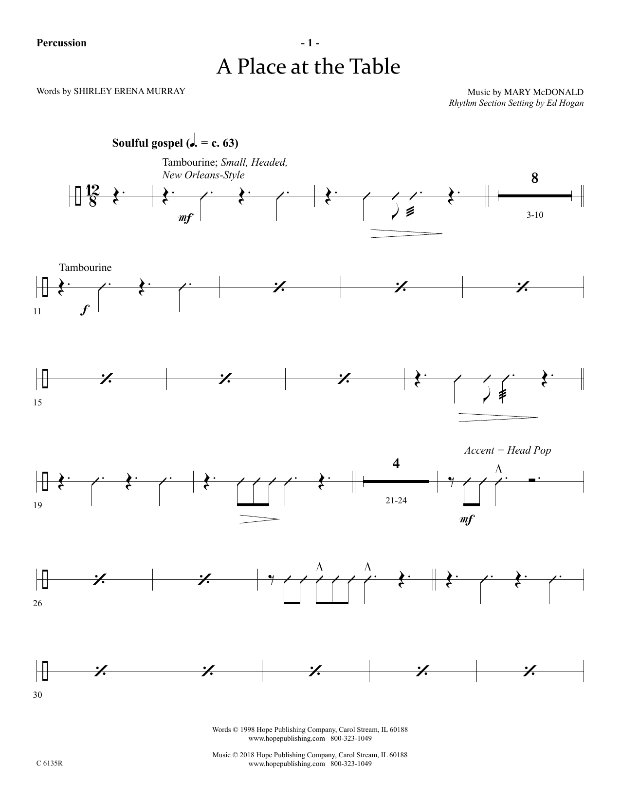 Learn to play Ed Hogan A Place At The Table - Percussion sheet music for Choir Instrumental Pak in minutes. Ed Hogan A Place At The Table - Percussion sheet music preview music notes and score for Choir Instrumental Pak including 2 page(s)