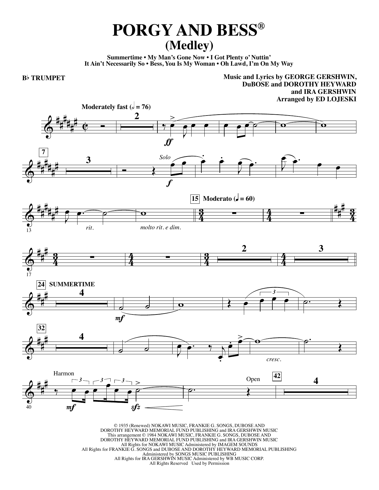 Learn to play Ed Lojeski Porgy and Bess (Medley) - Bb Trumpet sheet music for Choir Instrumental Pak in minutes. Ed Lojeski Porgy and Bess (Medley) - Bb Trumpet sheet music preview music notes and score for Choir Instrumental Pak including 4 page(s)