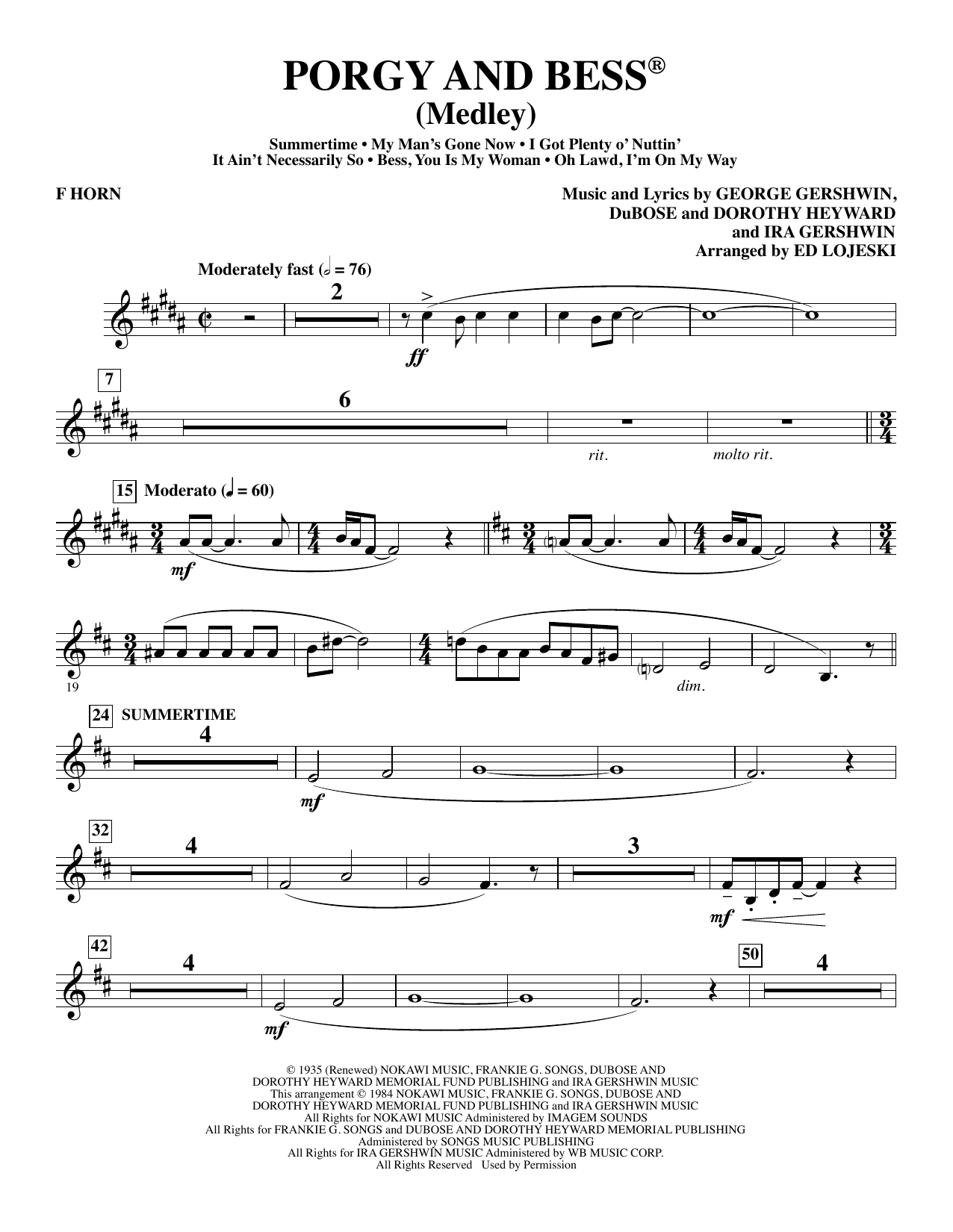 Learn to play Ed Lojeski Porgy and Bess (Medley) - F Horn sheet music for Choir Instrumental Pak in minutes. Ed Lojeski Porgy and Bess (Medley) - F Horn sheet music preview music notes and score for Choir Instrumental Pak including 5 page(s)