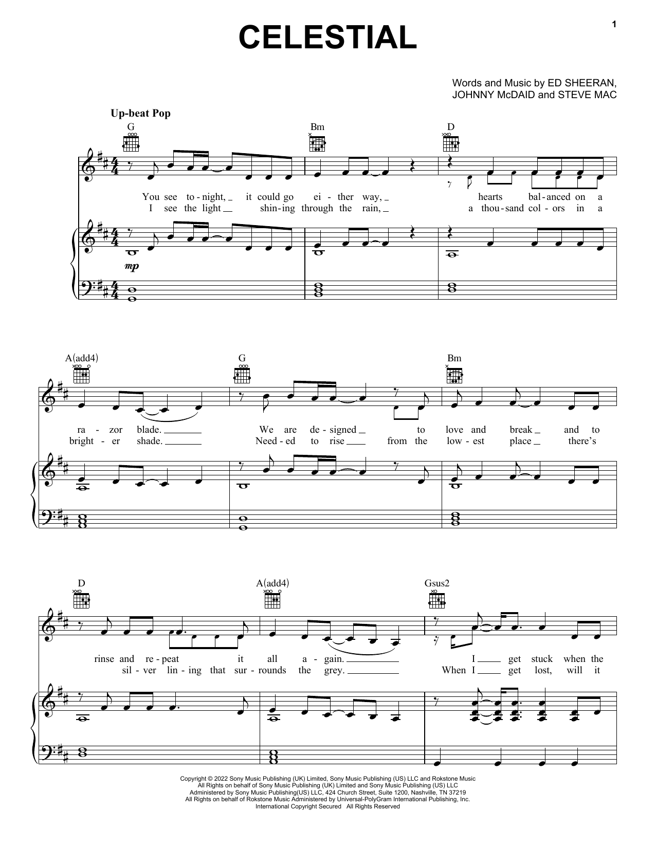 Learn to play Ed Sheeran Celestial sheet music for Piano, Vocal & Guitar Chords (Right-Hand Melody) in minutes. Ed Sheeran Celestial sheet music preview music notes and score for Piano, Vocal & Guitar Chords (Right-Hand Melody) including 7 page(s)