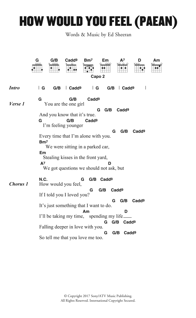 Learn to play Ed Sheeran How Would You Feel (Paean) sheet music for Super Easy Piano in minutes. Ed Sheeran How Would You Feel (Paean) sheet music preview music notes and score for Super Easy Piano including 2 page(s)