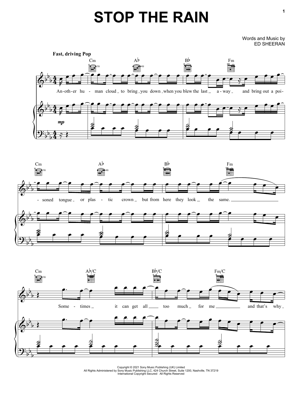 Ed Sheeran Stop The Rain sheet music preview music notes and score for Piano, Vocal & Guitar (Right-Hand Melody) including 9 page(s)