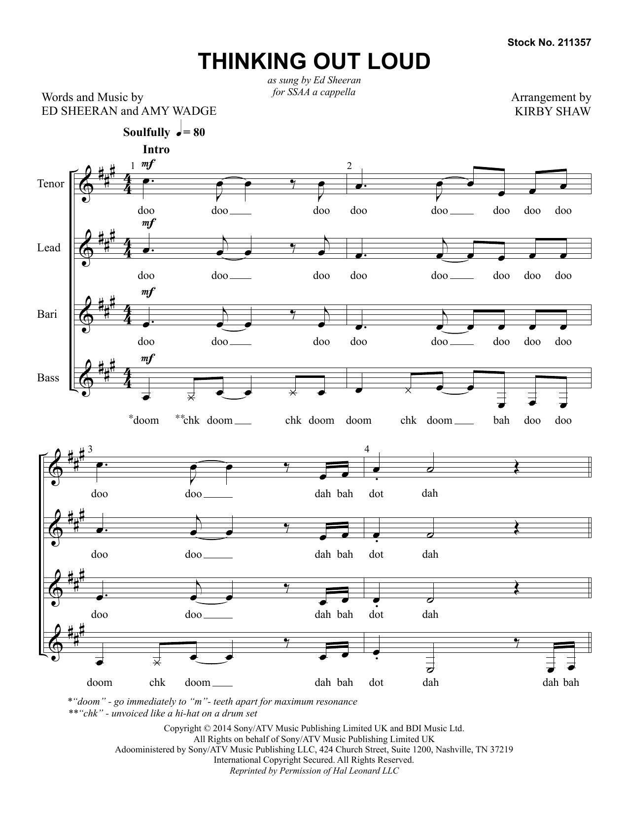 Learn to play Ed Sheeran Thinking Out Loud (arr. Kirby Shaw) sheet music for TTBB Choir in minutes. Ed Sheeran Thinking Out Loud (arr. Kirby Shaw) sheet music preview music notes and score for TTBB Choir including 17 page(s)