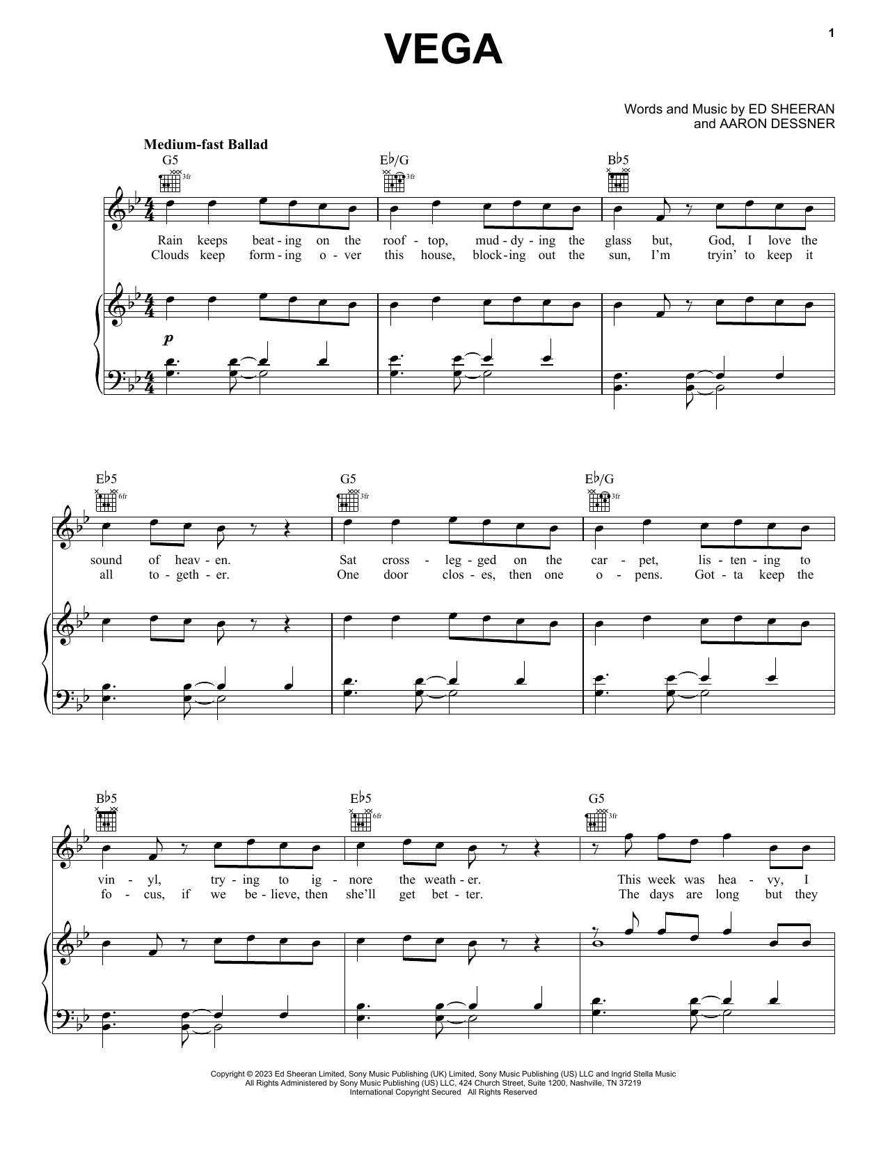 Ed Sheeran Vega sheet music preview music notes and score for Piano, Vocal & Guitar Chords (Right-Hand Melody) including 5 page(s)
