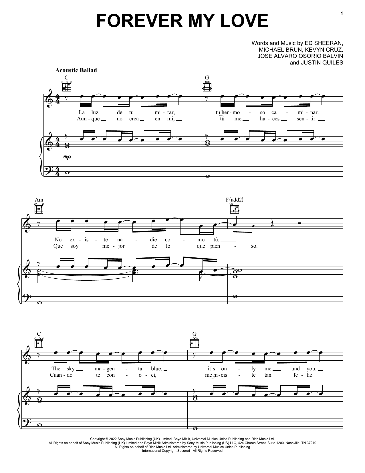 Learn to play Ed Sheeran & J Balvin Forever My Love sheet music for Piano, Vocal & Guitar Chords (Right-Hand Melody) in minutes. Ed Sheeran & J Balvin Forever My Love sheet music preview music notes and score for Piano, Vocal & Guitar Chords (Right-Hand Melody) including 4 page(s)