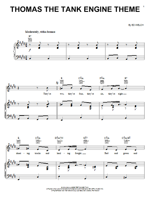 Learn to play Ed Welch Thomas The Tank Engine (Main Title) sheet music for Piano, Vocal & Guitar (Right-Hand Melody) in minutes. Ed Welch Thomas The Tank Engine (Main Title) sheet music preview music notes and score for Piano, Vocal & Guitar (Right-Hand Melody) including 5 page(s)