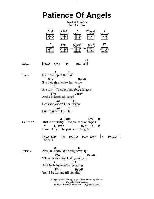 Eddi Reader Patience Of Angels sheet music, chords, lyrics - Printable PDF for Lyrics & Chords
