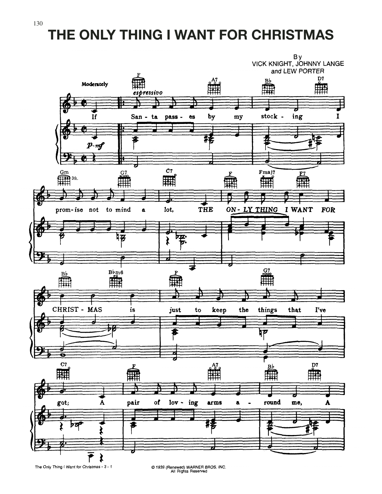 Eddie Cantor The Only Thing I Want For Christmas sheet music, chords, lyrics - Printable PDF for Piano, Vocal & Guitar Chords (Right-Hand Melody)