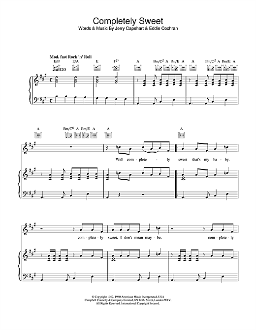 Learn to play Eddie Cochran Completely Sweet sheet music for Piano, Vocal & Guitar (Right-Hand Melody) in minutes. Eddie Cochran Completely Sweet sheet music notes and chords