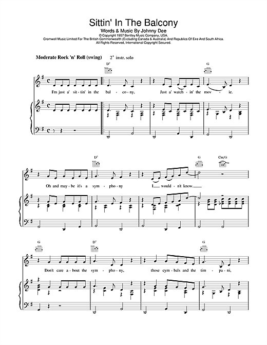 Learn to play Eddie Cochran Sittin' In The Balcony sheet music for Piano, Vocal & Guitar (Right-Hand Melody) in minutes. Eddie Cochran Sittin' In The Balcony sheet music notes and chords