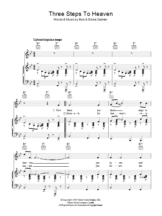 Learn to play Eddie Cochran Three Steps To Heaven sheet music for Piano, Vocal & Guitar (Right-Hand Melody) in minutes. Eddie Cochran Three Steps To Heaven sheet music preview music notes and score for Piano, Vocal & Guitar (Right-Hand Melody) including 4 page(s)
