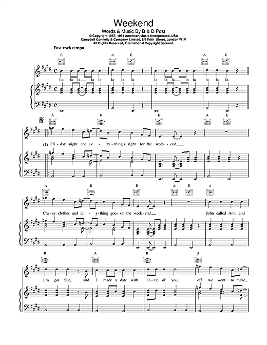 Learn to play Eddie Cochran Weekend sheet music for Piano, Vocal & Guitar (Right-Hand Melody) in minutes. Eddie Cochran Weekend sheet music notes and chords