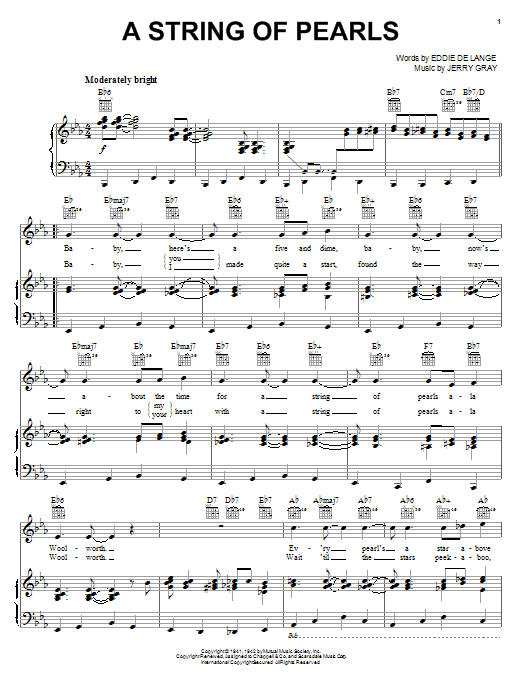 Learn to play Eddie DeLange A String Of Pearls sheet music for Piano, Vocal & Guitar (Right-Hand Melody) in minutes. Eddie DeLange A String Of Pearls sheet music notes and chords