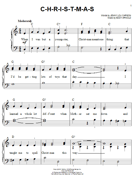 Learn to play Eddy Arnold C-H-R-I-S-T-M-A-S sheet music for Piano, Vocal & Guitar (Right-Hand Melody) in minutes. Eddy Arnold C-H-R-I-S-T-M-A-S sheet music notes and chords