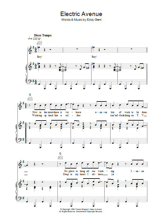 Learn to play Eddy Grant Electric Avenue sheet music for Piano, Vocal & Guitar (Right-Hand Melody) in minutes. Eddy Grant Electric Avenue sheet music preview music notes and score for Piano, Vocal & Guitar (Right-Hand Melody) including 6 page(s)