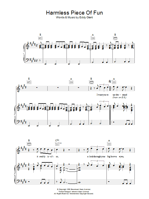 Learn to play Eddy Grant Harmless Piece Of Fun sheet music for Piano, Vocal & Guitar (Right-Hand Melody) in minutes. Eddy Grant Harmless Piece Of Fun sheet music preview music notes and score for Piano, Vocal & Guitar (Right-Hand Melody) including 3 page(s)