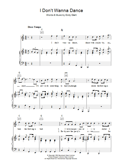 Eddy Grant I Don't Wanna Dance sheet music preview music notes and score for Piano, Vocal & Guitar (Right-Hand Melody) including 6 page(s)