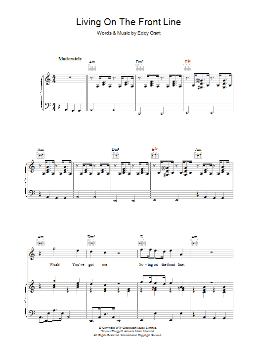 Learn to play Eddy Grant Living On The Front Line sheet music for Piano, Vocal & Guitar (Right-Hand Melody) in minutes. Eddy Grant Living On The Front Line sheet music preview music notes and score for Piano, Vocal & Guitar (Right-Hand Melody) including 9 page(s)