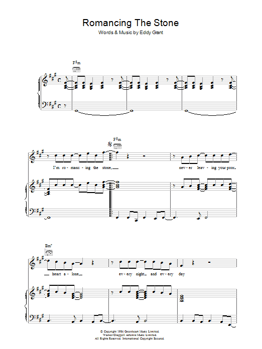 Learn to play Eddy Grant Romancing The Stone sheet music for Piano, Vocal & Guitar (Right-Hand Melody) in minutes. Eddy Grant Romancing The Stone sheet music preview music notes and score for Piano, Vocal & Guitar (Right-Hand Melody) including 6 page(s)
