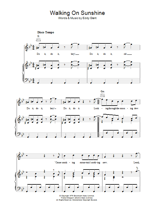 Learn to play Eddy Grant Walking On Sunshine sheet music for Piano, Vocal & Guitar (Right-Hand Melody) in minutes. Eddy Grant Walking On Sunshine sheet music preview music notes and score for Piano, Vocal & Guitar (Right-Hand Melody) including 6 page(s)