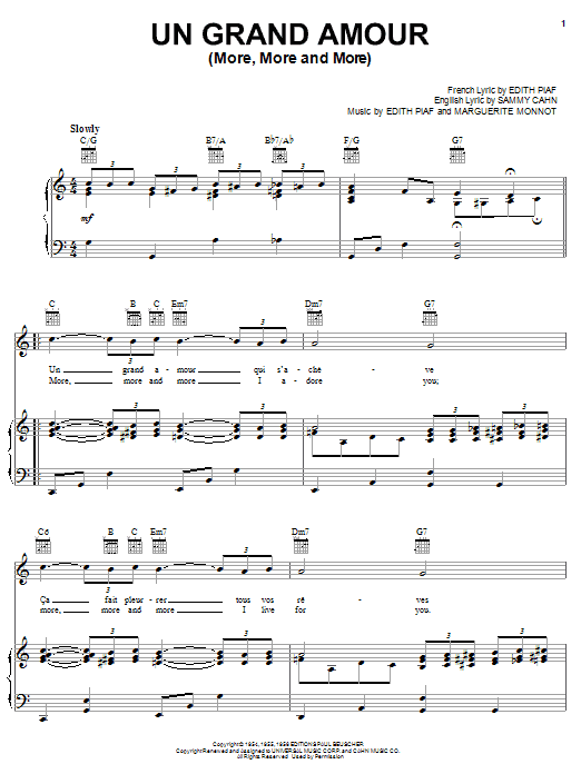 Edith Piaf Un Grand Amour (More, More & More) sheet music, chords, lyrics - Printable PDF for Piano, Vocal & Guitar (Right-Hand Melody)
