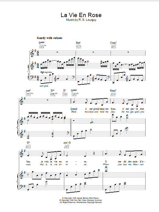 Learn to play Edith Piaf La Vie En Rose (Take Me To Your Heart Again) sheet music for Piano, Vocal & Guitar in minutes. Edith Piaf La Vie En Rose (Take Me To Your Heart Again) sheet music preview music notes and score for Piano, Vocal & Guitar including 5 page(s)