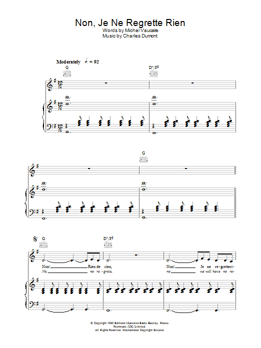 Learn to play Edith Piaf Non, Je Ne Regrette Rien sheet music for Piano, Vocal & Guitar in minutes. Edith Piaf Non, Je Ne Regrette Rien sheet music preview music notes and score for Piano, Vocal & Guitar including 4 page(s)