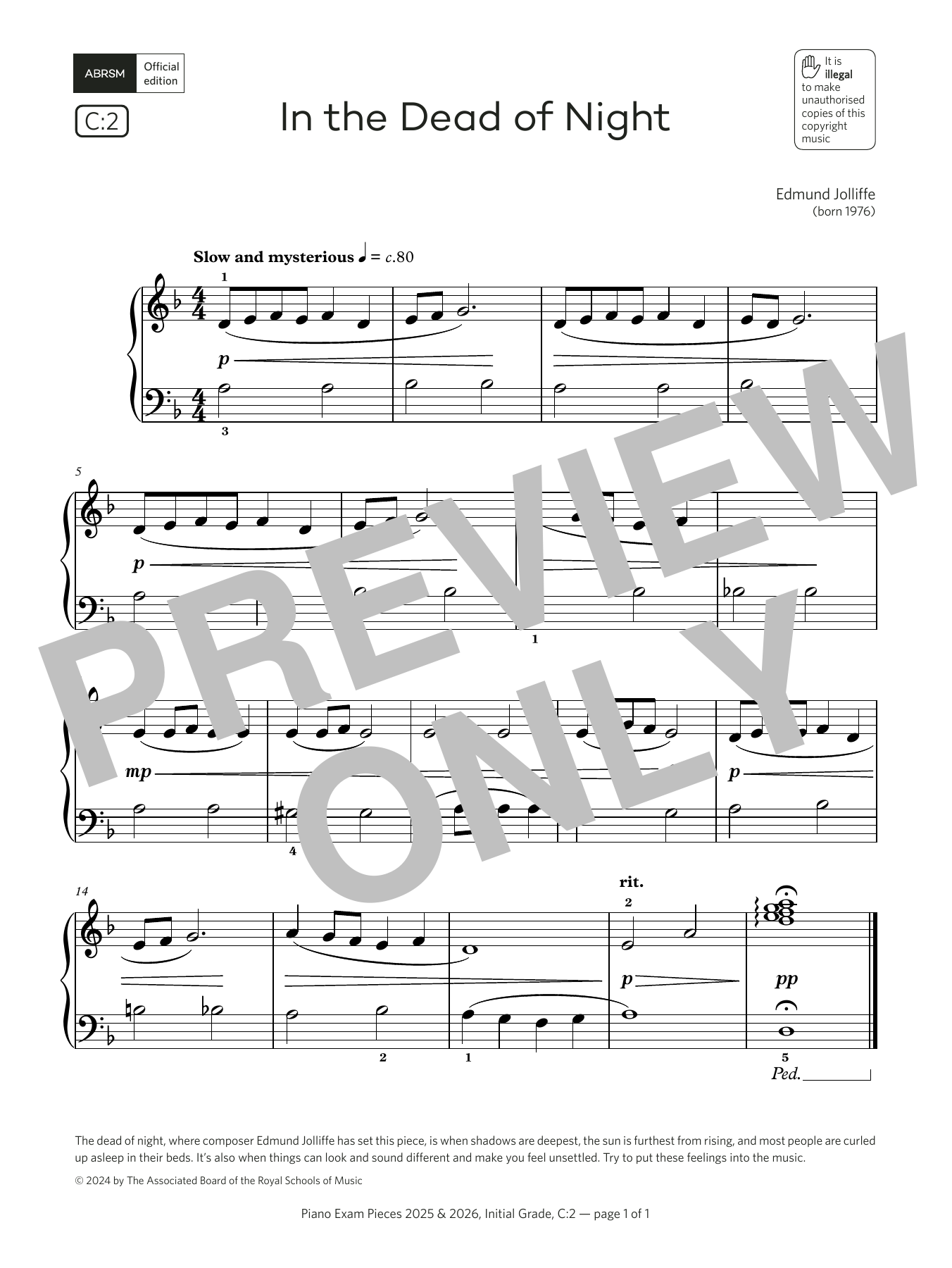 Edmund Jolliffe In the Dead of Night (Grade Initial, list C2, from the ABRSM Piano Syllabus 2025 & 2026) sheet music, chords, lyrics - Printable PDF for Piano Solo
