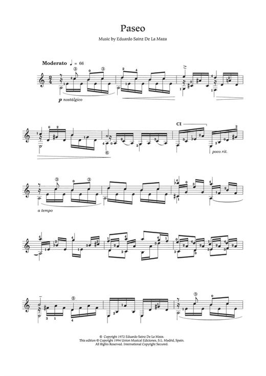 Learn to play Eduardo Sainz de la Maza Paseo sheet music for Guitar in minutes. Eduardo Sainz de la Maza Paseo sheet music preview music notes and score for Guitar including 3 page(s)