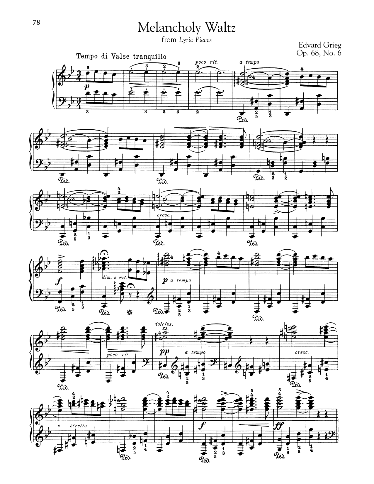 Edvard Grieg Melancholy Waltz, Op. 68, No. 6 sheet music, chords, lyrics - Printable PDF for Piano