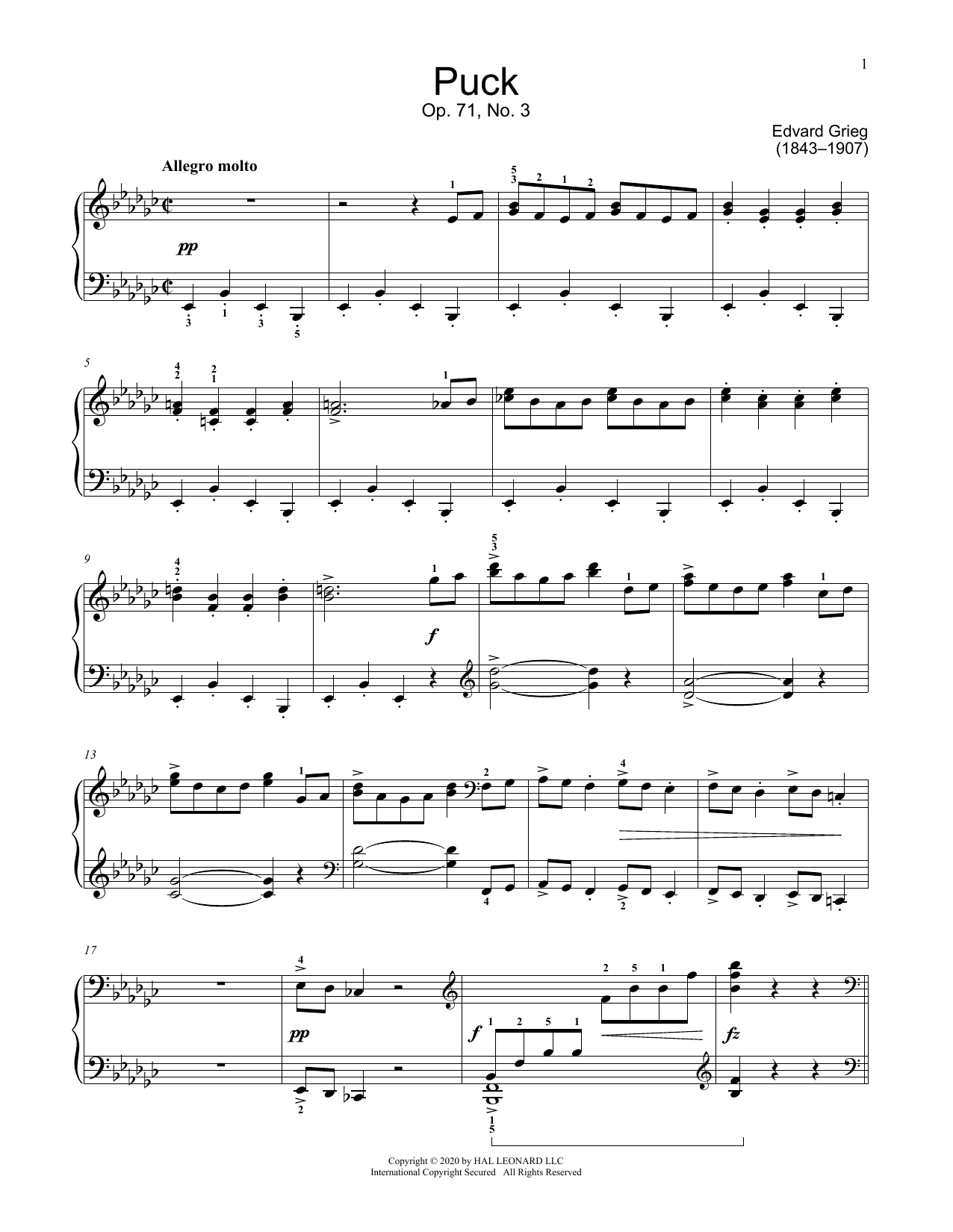 Edvard Grieg Puck, Op. 71, No. 3 sheet music, chords, lyrics - Printable PDF for Educational Piano
