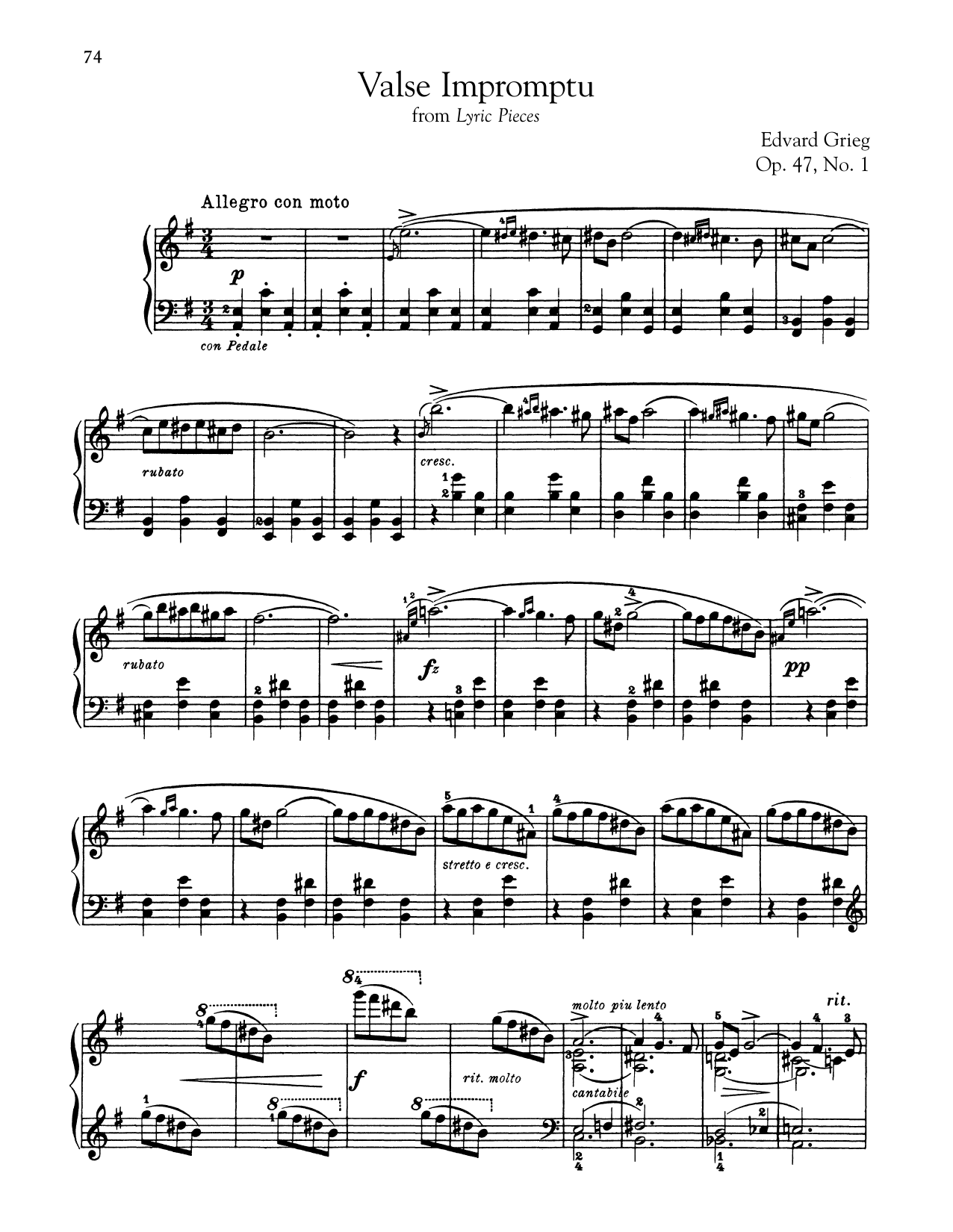 Edvard Grieg Valse Impromptu, Op. 47, No. 1 sheet music, chords, lyrics - Printable PDF for Piano