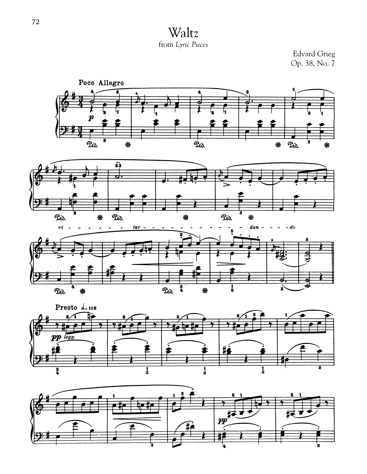 Edvard Grieg Waltz, Op. 38, No. 7 sheet music, chords, lyrics - Printable PDF for Piano