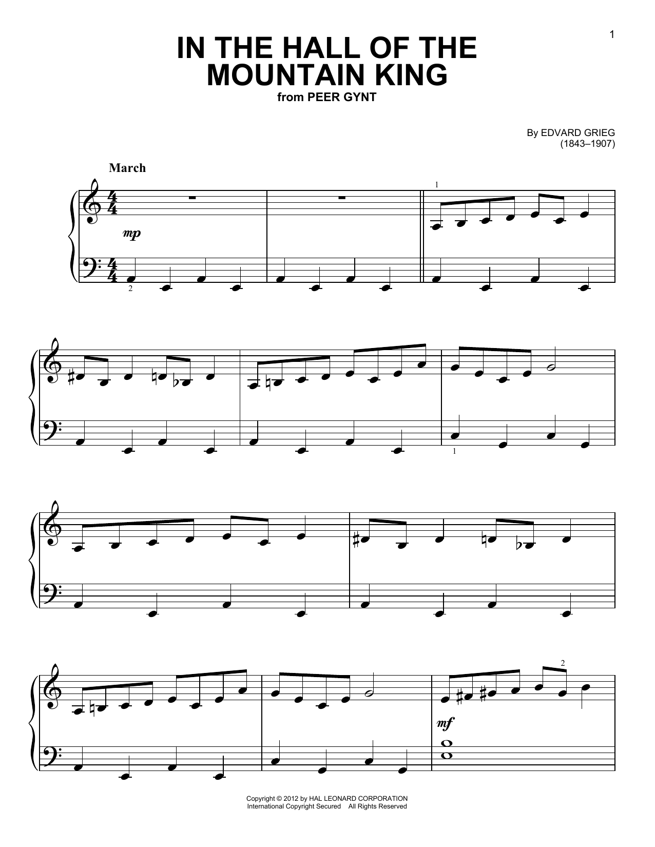 Learn to play Edvard Grieg In The Hall Of The Mountain King sheet music for Piano (Big Notes) in minutes. Edvard Grieg In The Hall Of The Mountain King sheet music preview music notes and score for Piano (Big Notes) including 2 page(s)