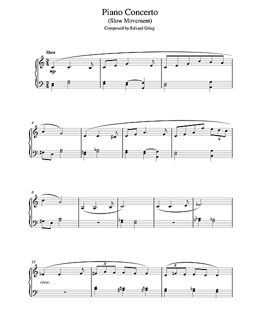 Learn to play Edvard Grieg Piano Concerto in G minor (Slow Movement) sheet music for Easy Piano in minutes. Edvard Grieg Piano Concerto in G minor (Slow Movement) sheet music notes and chords
