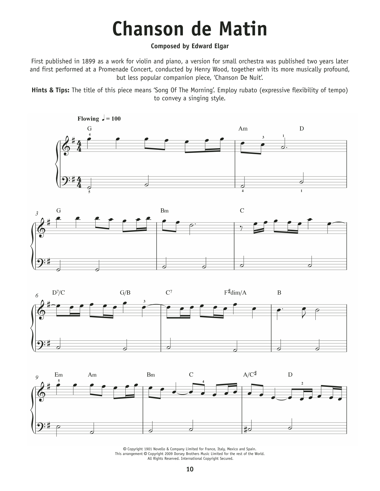 Edward Elgar Chanson De Matin, Op. 15, No. 2 sheet music, chords, lyrics - Printable PDF for Really Easy Piano