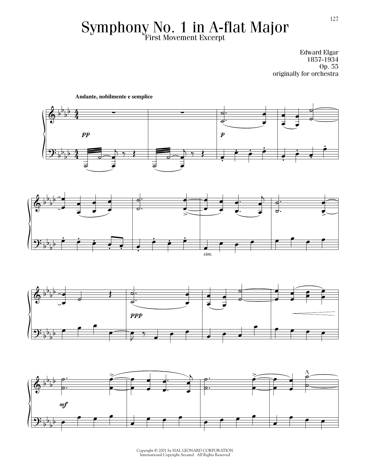 Edward Elgar Symphony No. 1 In A Flat Major, 1st Movement sheet music, chords, lyrics - Printable PDF for Piano Solo