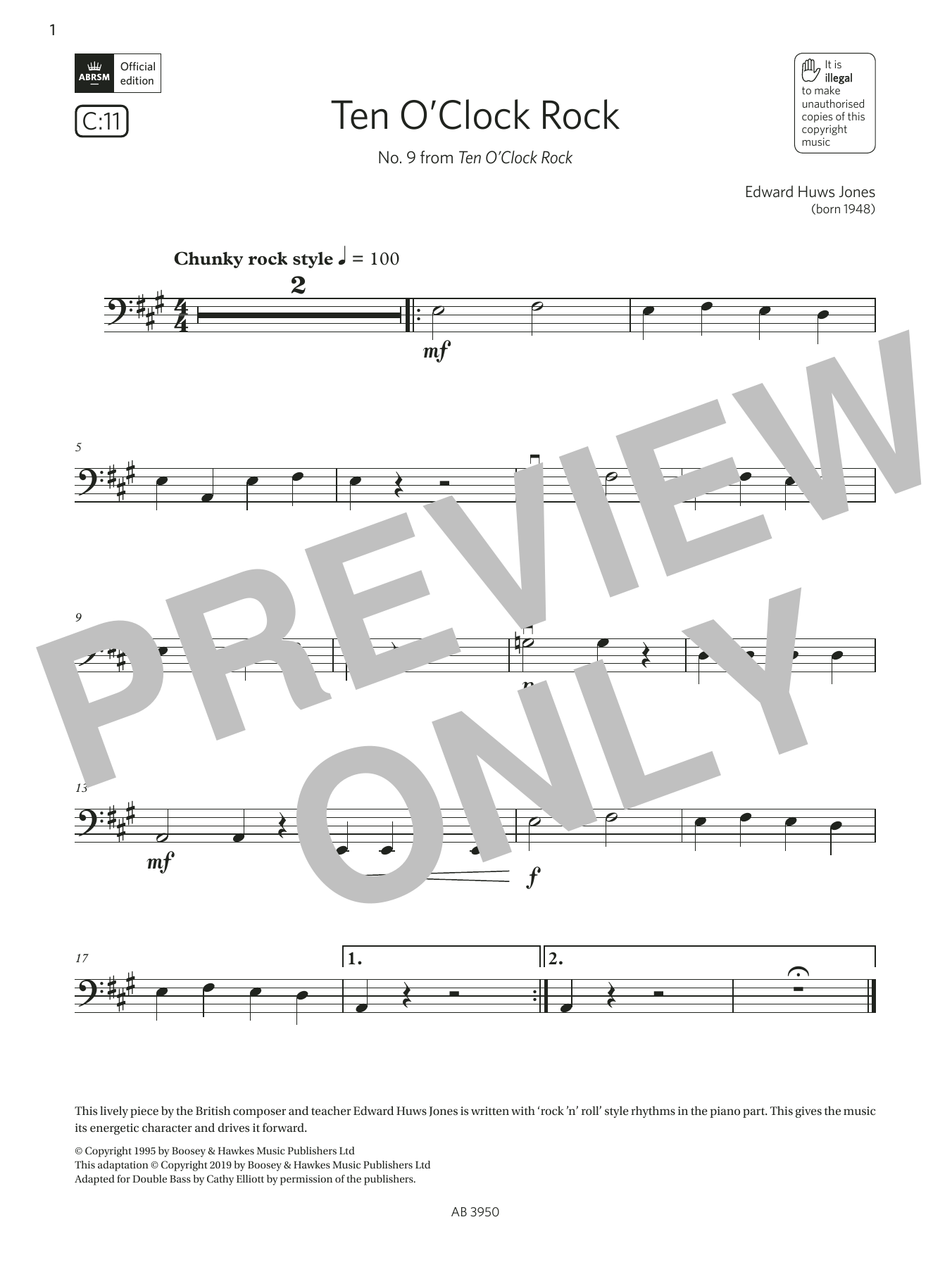 Edward Huws Jones 10 O'Clock Rock (Grade Initial, C11, from the ABRSM Double Bass Syllabus from 2024) sheet music, chords, lyrics - Printable PDF for String Bass Solo
