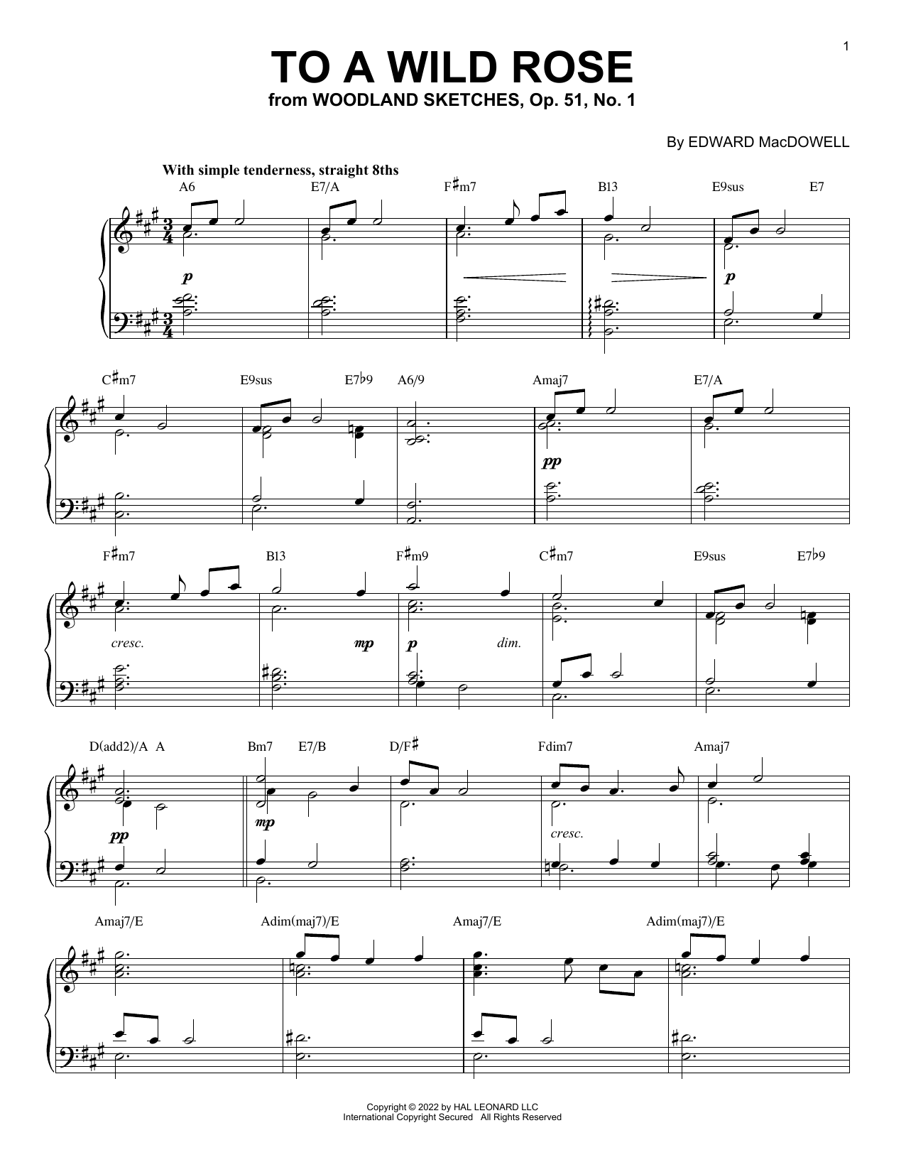 Edward MacDowell To A Wild Rose, Op. 51, No. 1 [Jazz version] (arr. Brent Edstrom) sheet music, chords, lyrics - Printable PDF for Piano Solo