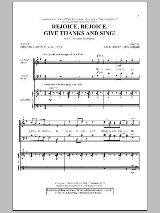 Edward Plumptre Rejoice, Rejoice, Give Thanks And Sing! sheet music, chords, lyrics - Printable PDF for SATB Choir