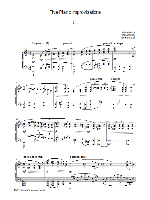 Edward Elgar Five Piano Improvisations: 5. Largo sheet music preview music notes and score for Piano including 4 page(s)