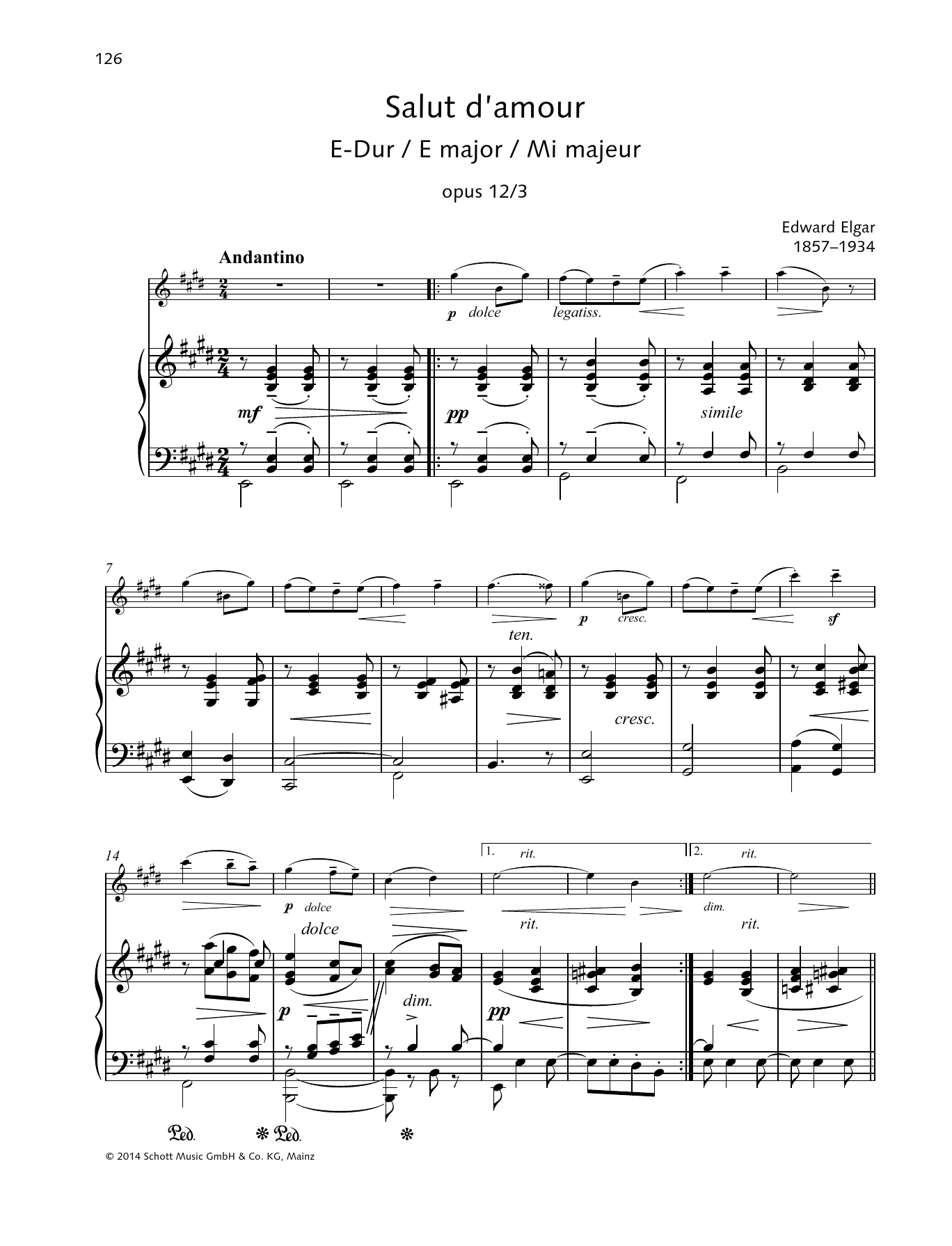 Learn to play Edward Elgar Salut d'amour E major sheet music for String Solo in minutes. Edward Elgar Salut d'amour E major sheet music preview music notes and score for String Solo including 6 page(s)