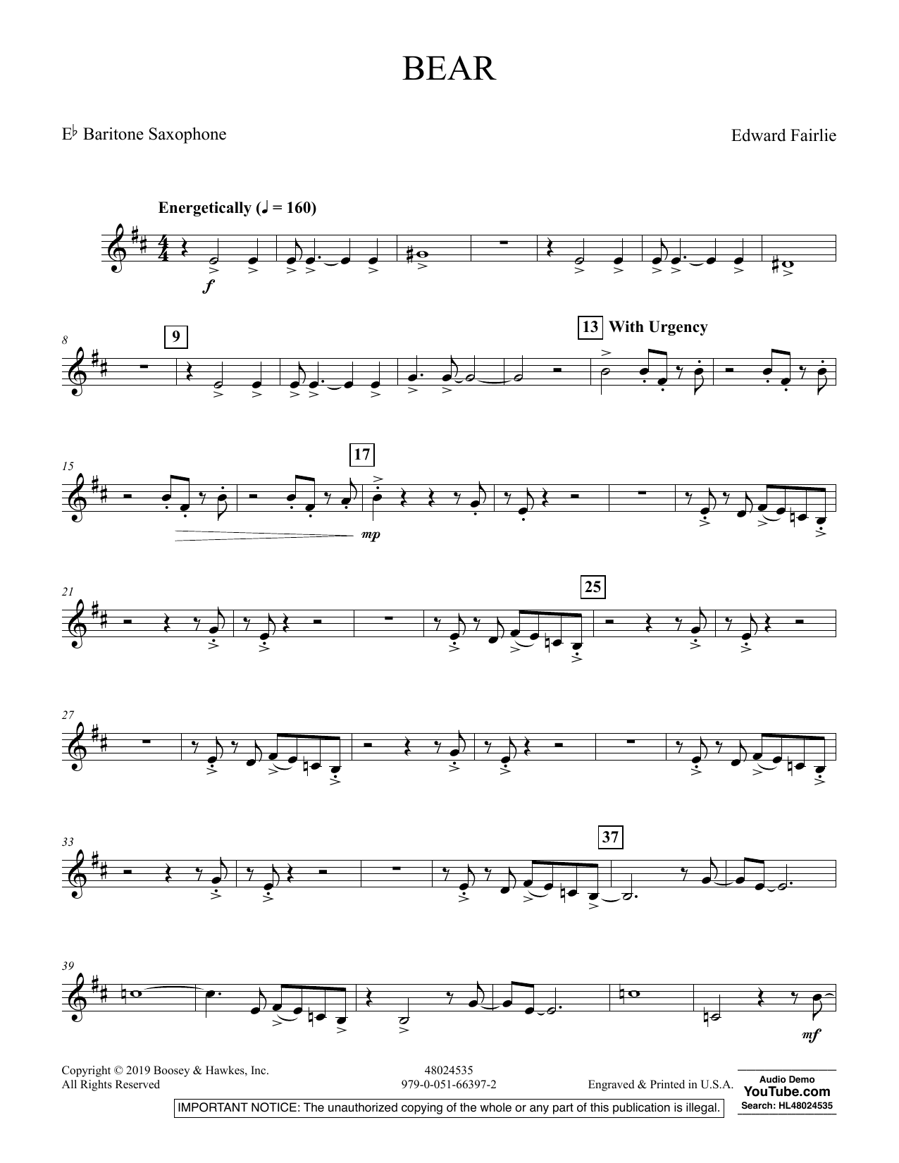 Learn to play Edward Fairlie Bear - Eb Baritone Saxophone sheet music for Concert Band in minutes. Edward Fairlie Bear - Eb Baritone Saxophone sheet music preview music notes and score for Concert Band including 2 page(s)