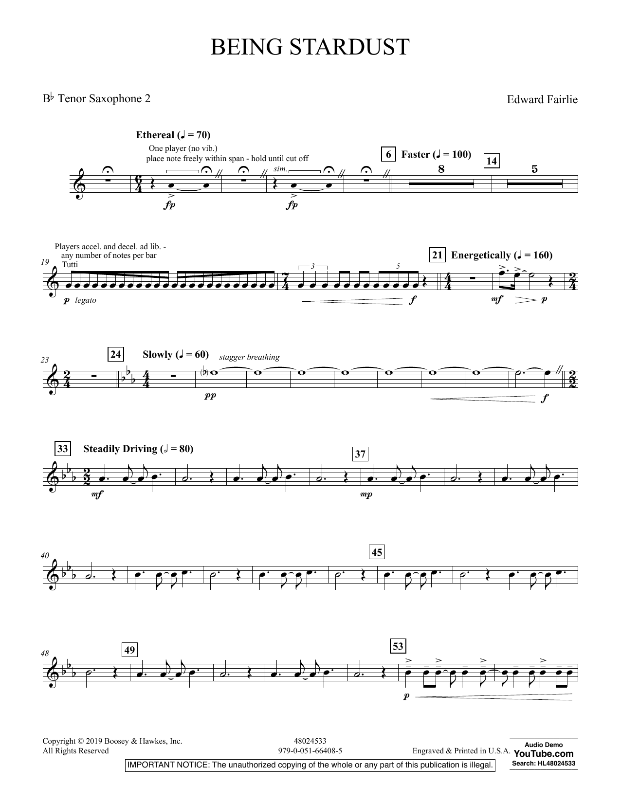 Learn to play Edward Fairlie Being Stardust - 2nd Tenor Saxophone sheet music for Concert Band in minutes. Edward Fairlie Being Stardust - 2nd Tenor Saxophone sheet music preview music notes and score for Concert Band including 2 page(s)