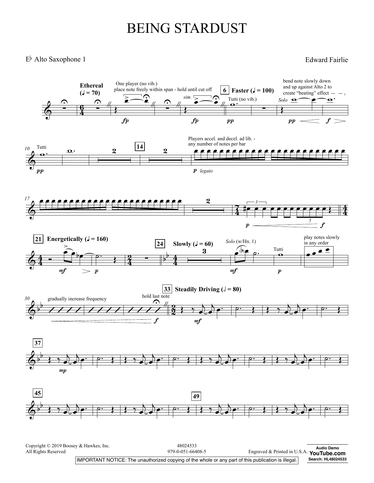 Learn to play Edward Fairlie Being Stardust - Eb Alto Saxophone 1 sheet music for Concert Band in minutes. Edward Fairlie Being Stardust - Eb Alto Saxophone 1 sheet music preview music notes and score for Concert Band including 2 page(s)