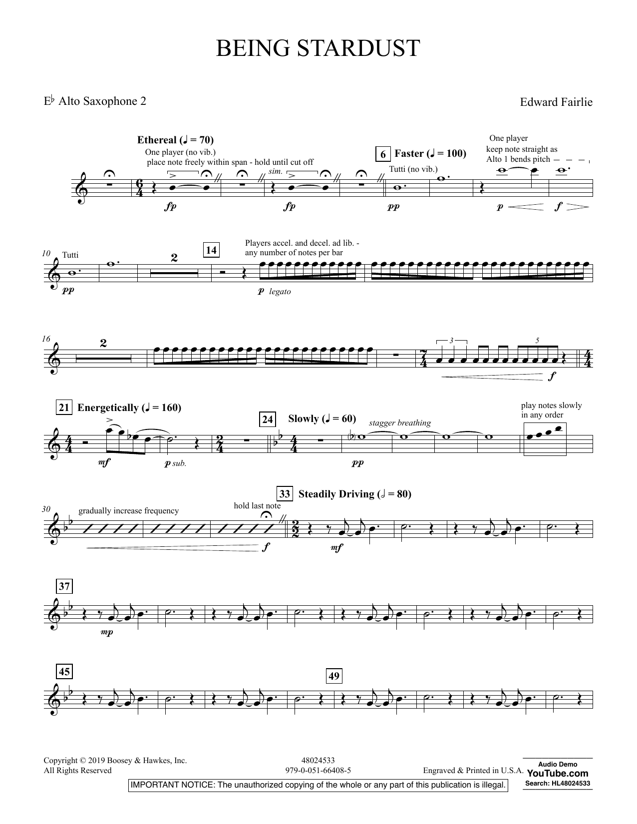 Learn to play Edward Fairlie Being Stardust - Eb Alto Saxophone 2 sheet music for Concert Band in minutes. Edward Fairlie Being Stardust - Eb Alto Saxophone 2 sheet music preview music notes and score for Concert Band including 2 page(s)