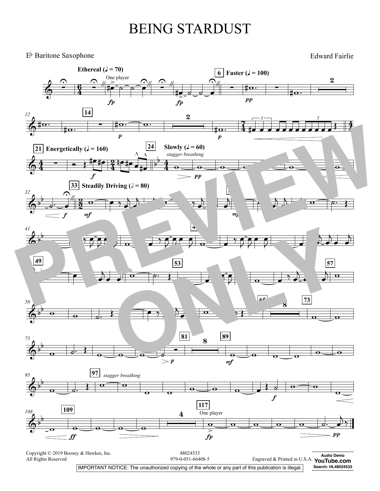 Learn to play Edward Fairlie Being Stardust - Eb Baritone Saxophone sheet music for Concert Band in minutes. Edward Fairlie Being Stardust - Eb Baritone Saxophone sheet music preview music notes and score for Concert Band including 1 page(s)