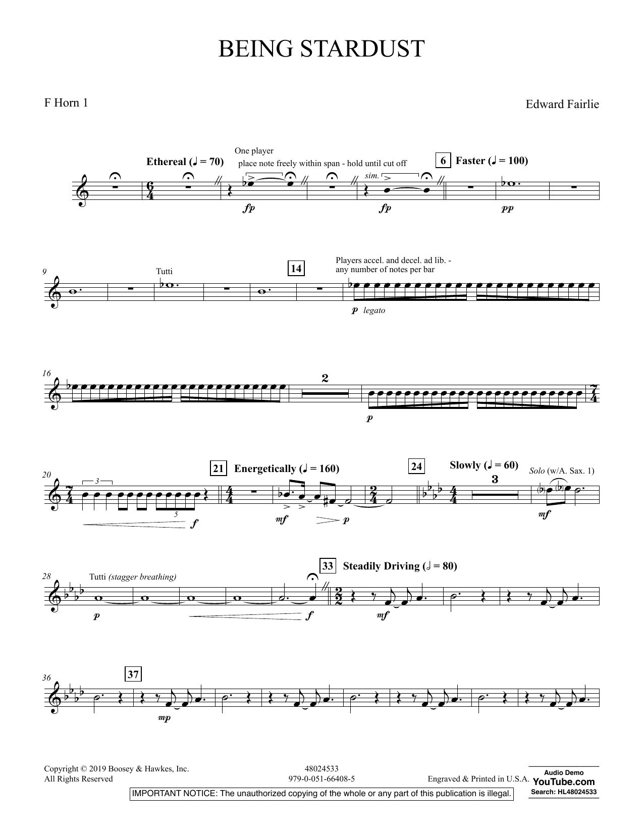 Learn to play Edward Fairlie Being Stardust - F Horn 1 sheet music for Concert Band in minutes. Edward Fairlie Being Stardust - F Horn 1 sheet music preview music notes and score for Concert Band including 2 page(s)